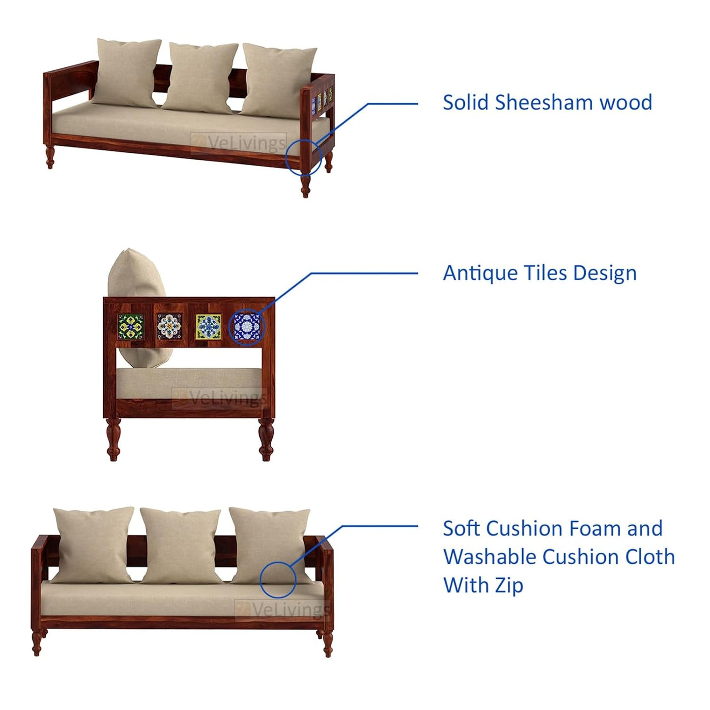 Premium Solid Sheesham Wood 3 Seater Sofa for living room
