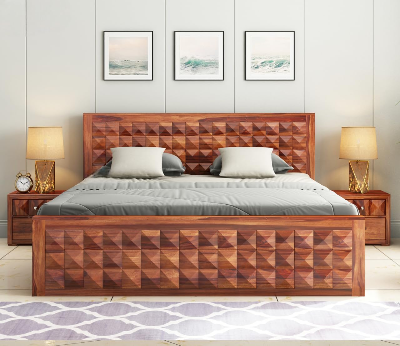 Sheesham Wood Queen Bed with Storage | Geometric Design