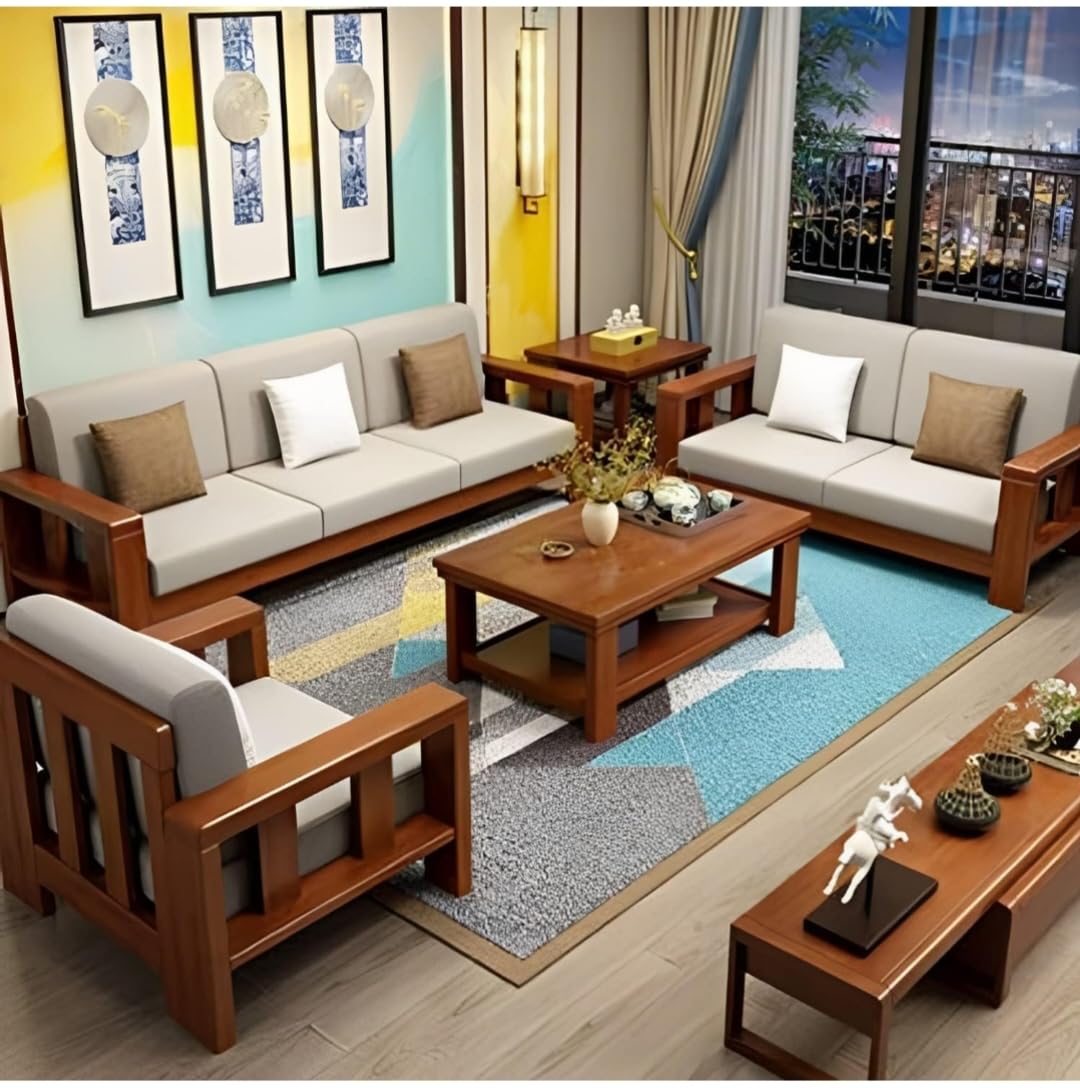 Solid Sheesham Wood 5-Seater(3+1+1) Sofa for Living Room