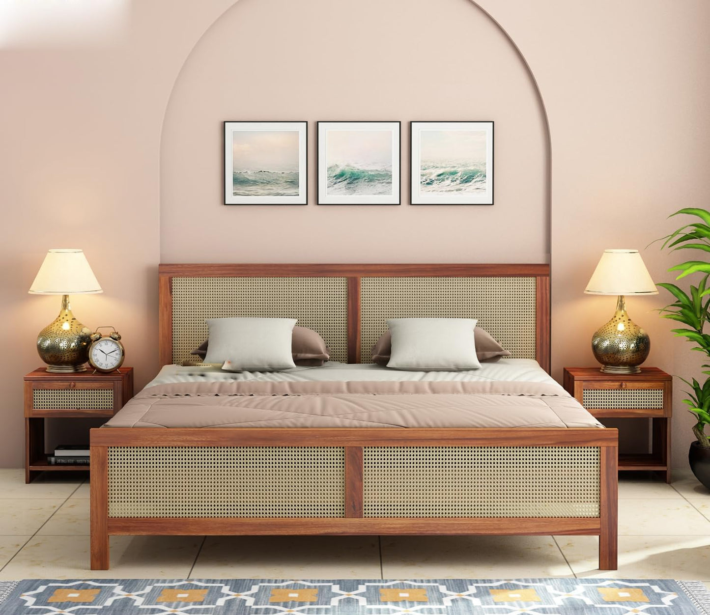 Solid Sheesham Wood King Size Bed with Cane Headboard & Footboard