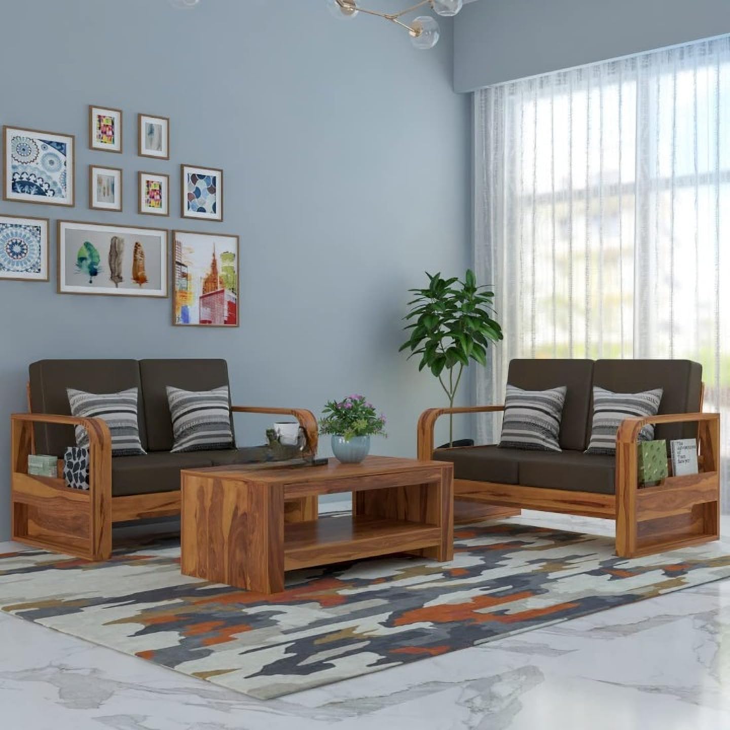 Sheesham Wood Sofa Set 4 Seater with Coffee Table for living room