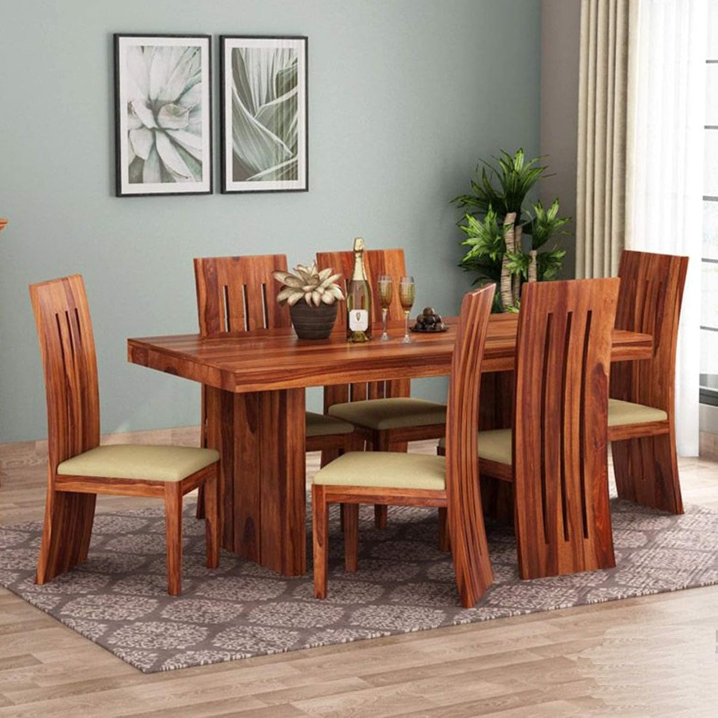 Solid Sheesham Wood 6 Seater Dining Table Set with Curved High Back Chairs