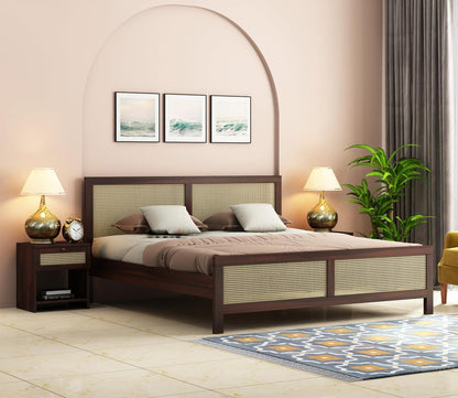 Solid Sheesham Wood King Size Bed with Cane Headboard & Footboard