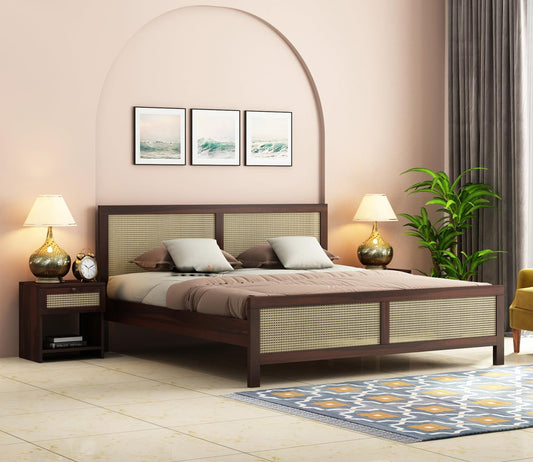 Solid Sheesham Wood King Size Bed with Cane Headboard & Footboard