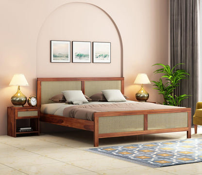 Solid Sheesham Wood King Size Bed with Cane Headboard & Footboard