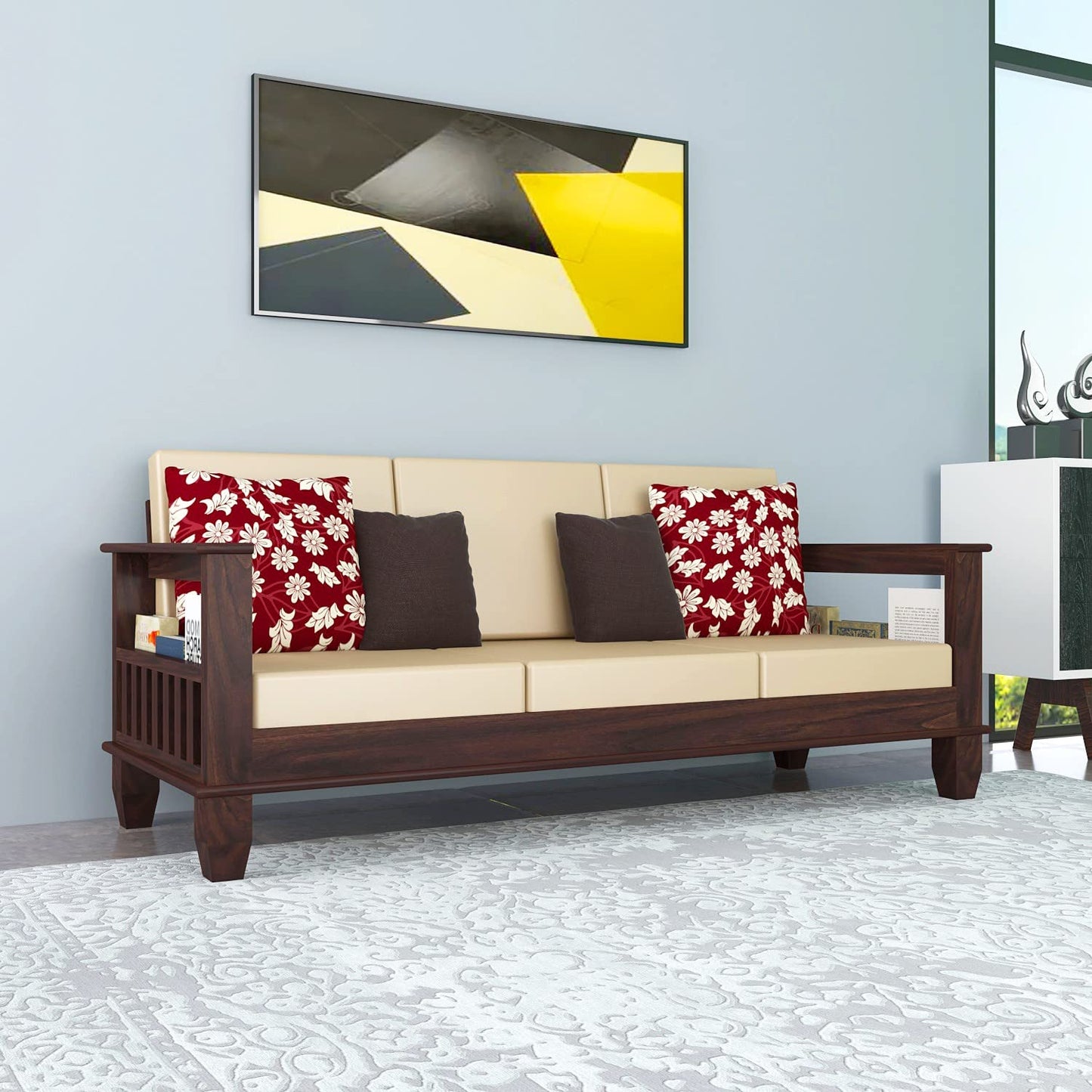 Solid Sheesham Modern Living Room 3 Seater Wooden Sofa