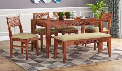 Solid Sheesham Wood 6 Seater Dining Table Set with Bench & Upholstered Chairs