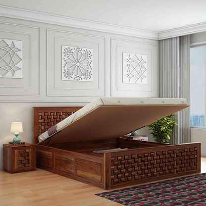 Premium Sheesham Wood Queen Size Bed with Hydraulic Storage & Woven Headboard
