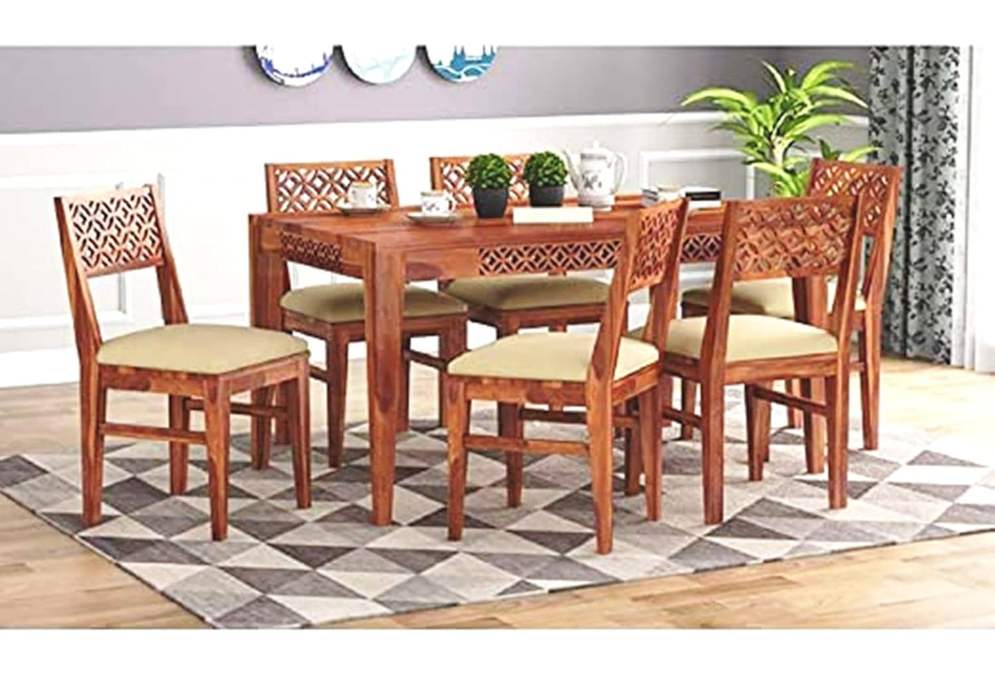 Solid Sheesham Wood 6 Seater Dining Table Set with Carved Jali Chairs