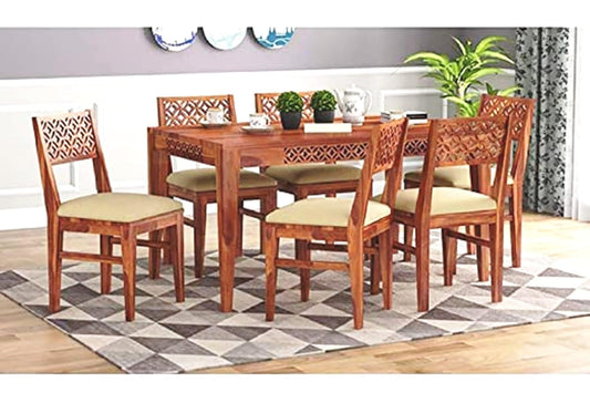 Solid Sheesham Wood 6 Seater Dining Table Set with Carved Jali Chairs