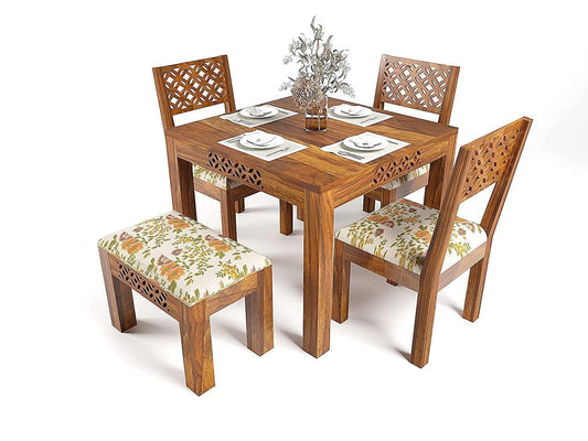 Solid Sheesham Wood 4 Seater Dining Table Set with Bench