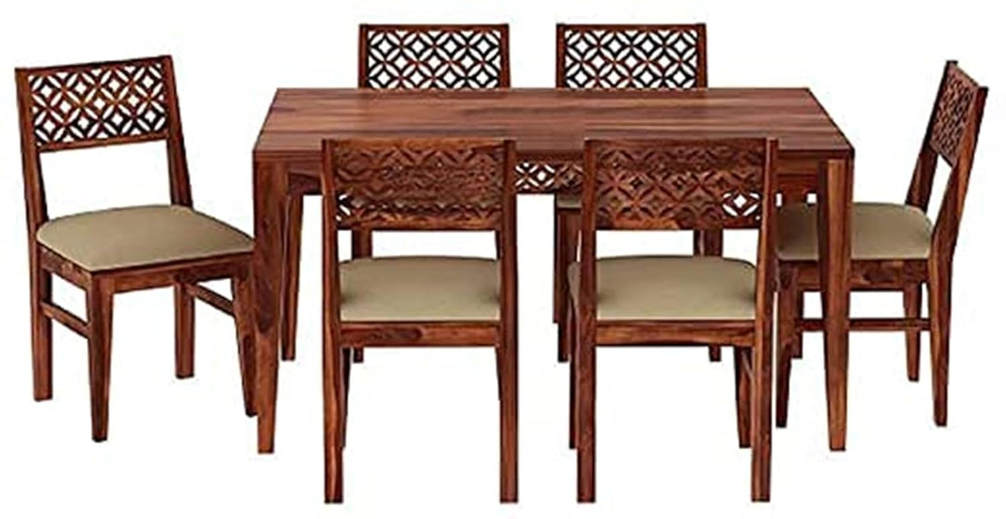 Solid Sheesham Wood 6 Seater Dining Table Set with Carved Jali Chairs