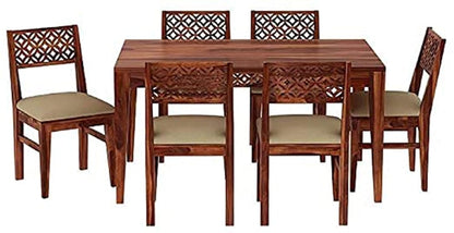 Solid Sheesham Wood 6 Seater Dining Table Set with Carved Jali Chairs