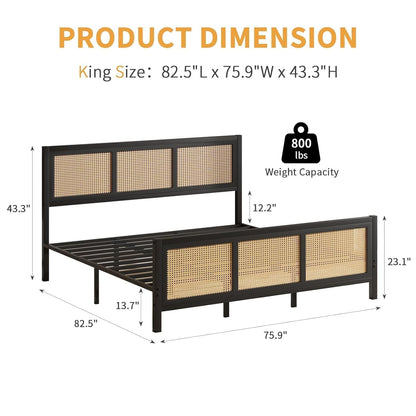 King Size Bed with Rattan Cane Panels | Strong Metal Frame Bed
