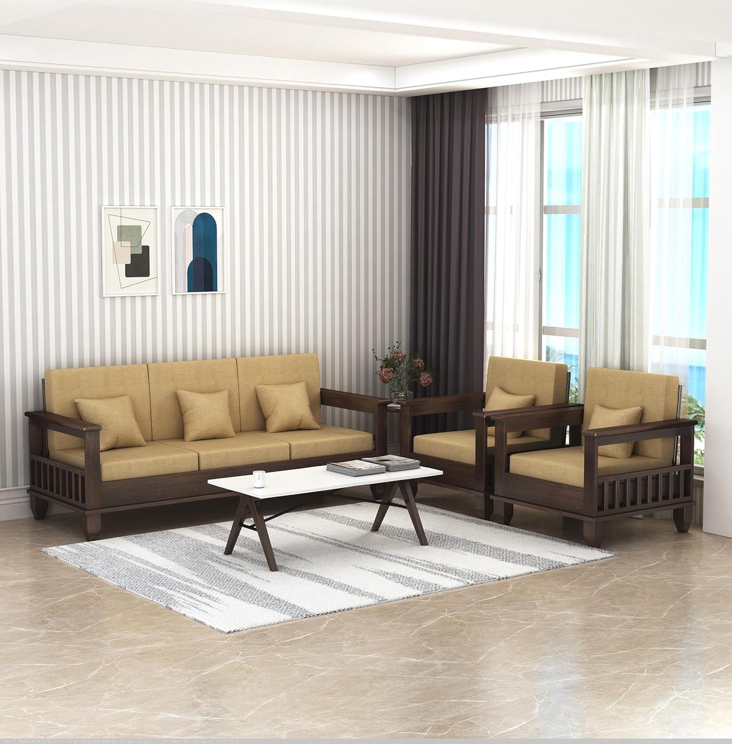 Premium Solid Sheesham Wood Sofa Set (3+1+1) with Storage Armrests