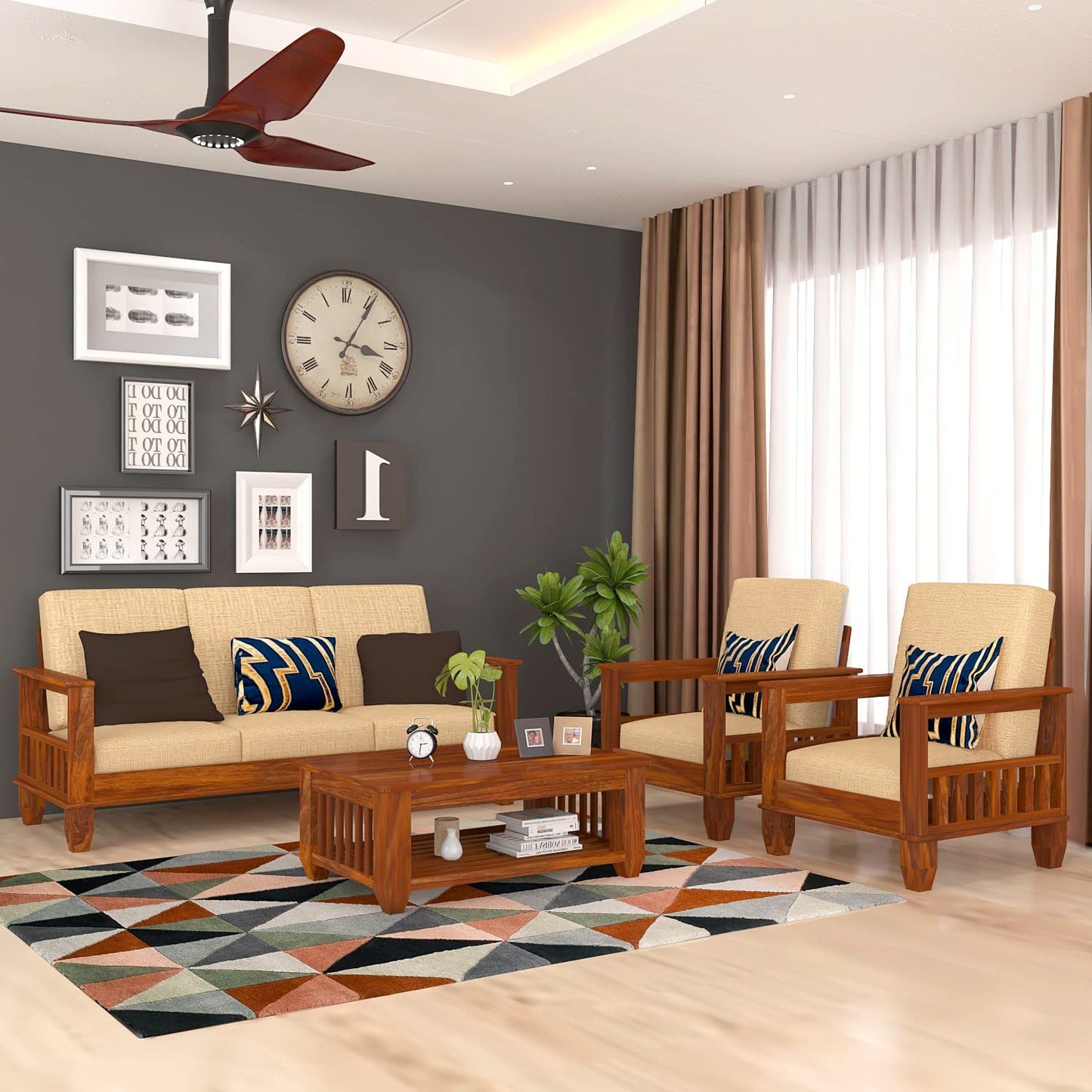 Solid Sheesham Wood Sofa Set (3+1+1) for living room
