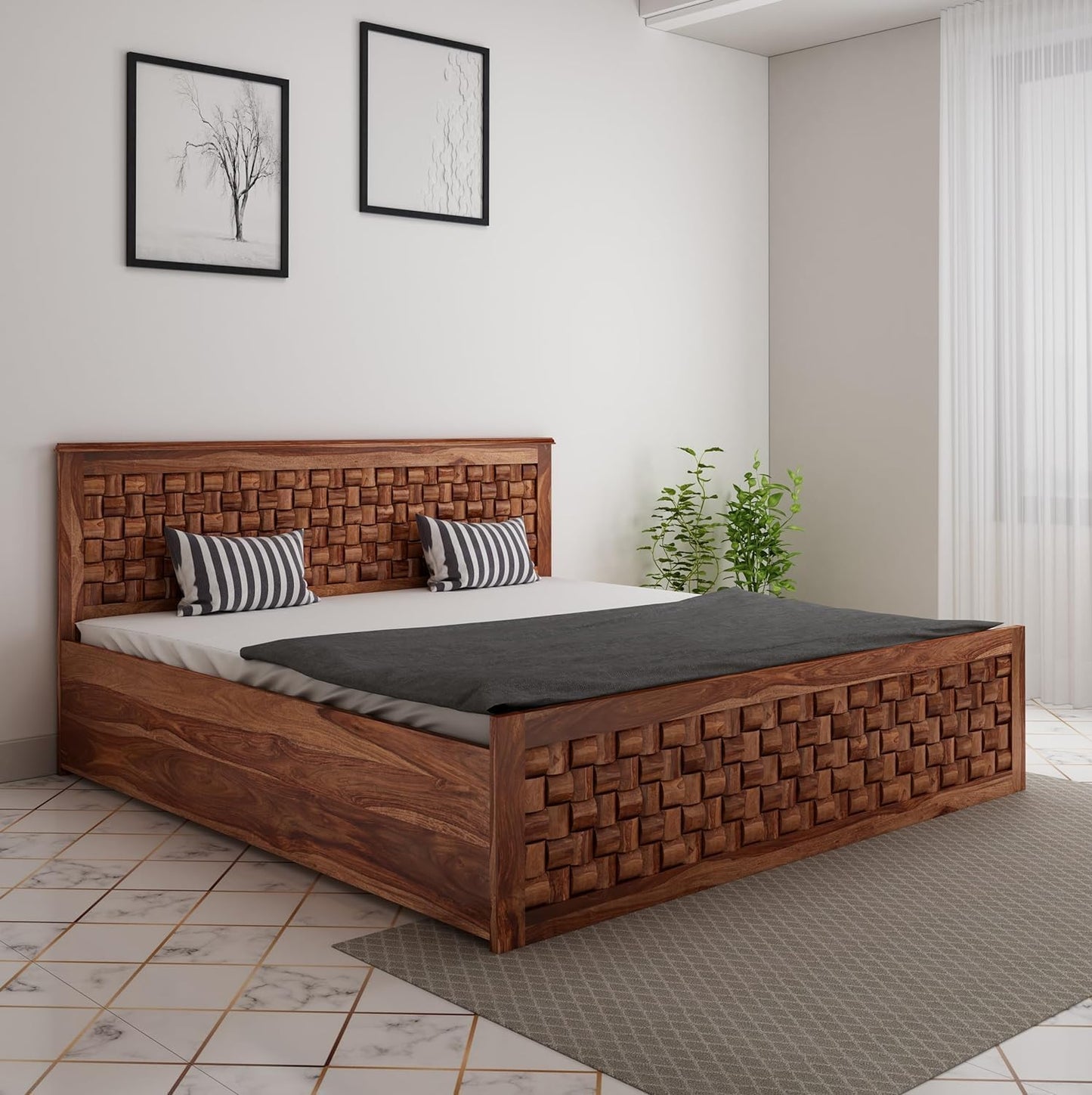 Premium Sheesham Wood Queen Size Bed with Box Storage