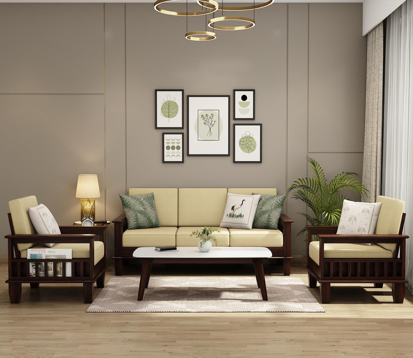 Premium Solid Sheesham Wood Sofa Set (3+1+1) with Storage Armrests