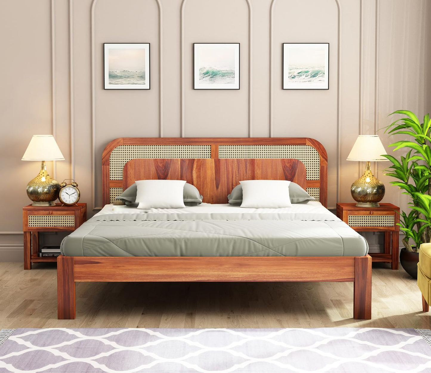 Premium Sheesham Wood queen Size Bed with Cane Headboard