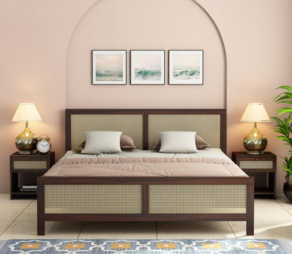 Solid Sheesham Wood King Size Bed with Cane Headboard & Footboard