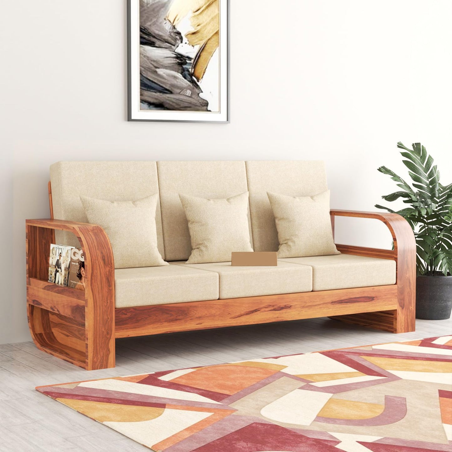 Solid Sheesham wood 3 Seater Wooden Sofa for living room