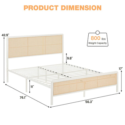 Modern Bed Frame with Rattan Design | White Metal Bed for Bedroom