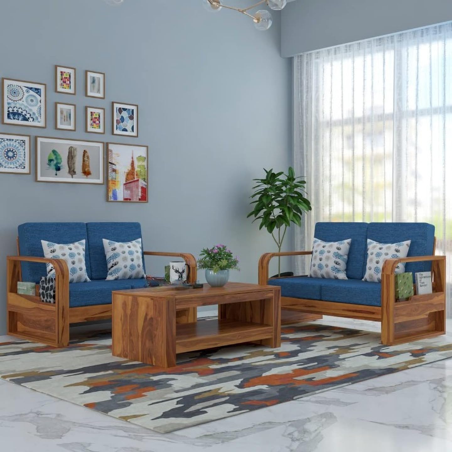 Sheesham Wood Sofa Set 4 Seater with Coffee Table for living room