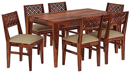 Solid Sheesham Wood 6 Seater Dining Table Set with Carved Jali Chairs