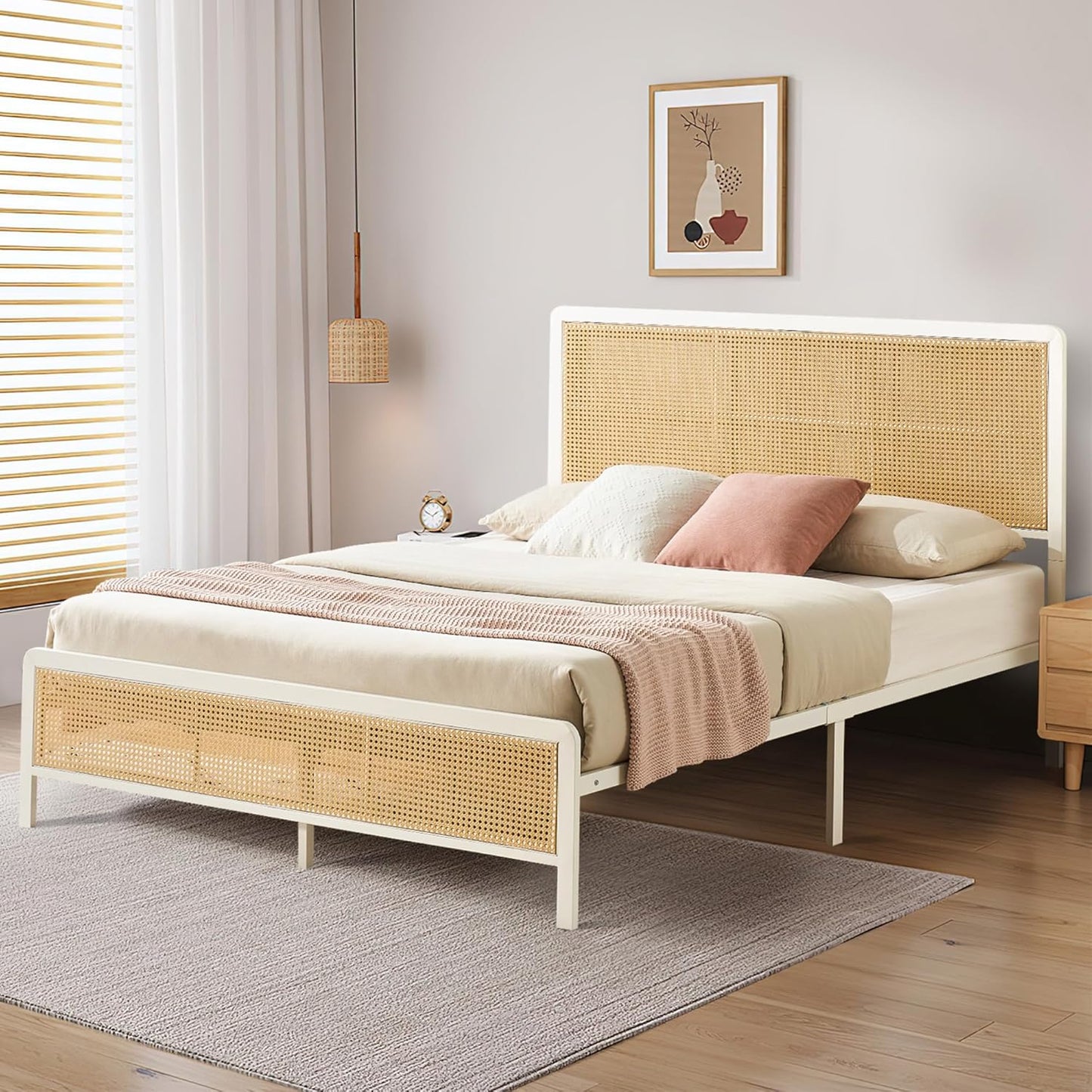 Modern Bed Frame with Rattan Design | White Metal Bed for Bedroom