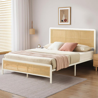 Modern Bed Frame with Rattan Design | White Metal Bed for Bedroom
