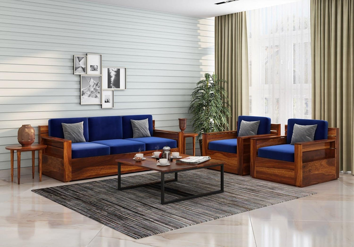 Solid Sheesham Wood Modern 3+1+1 -Seater Wooden Sofa for Living Room