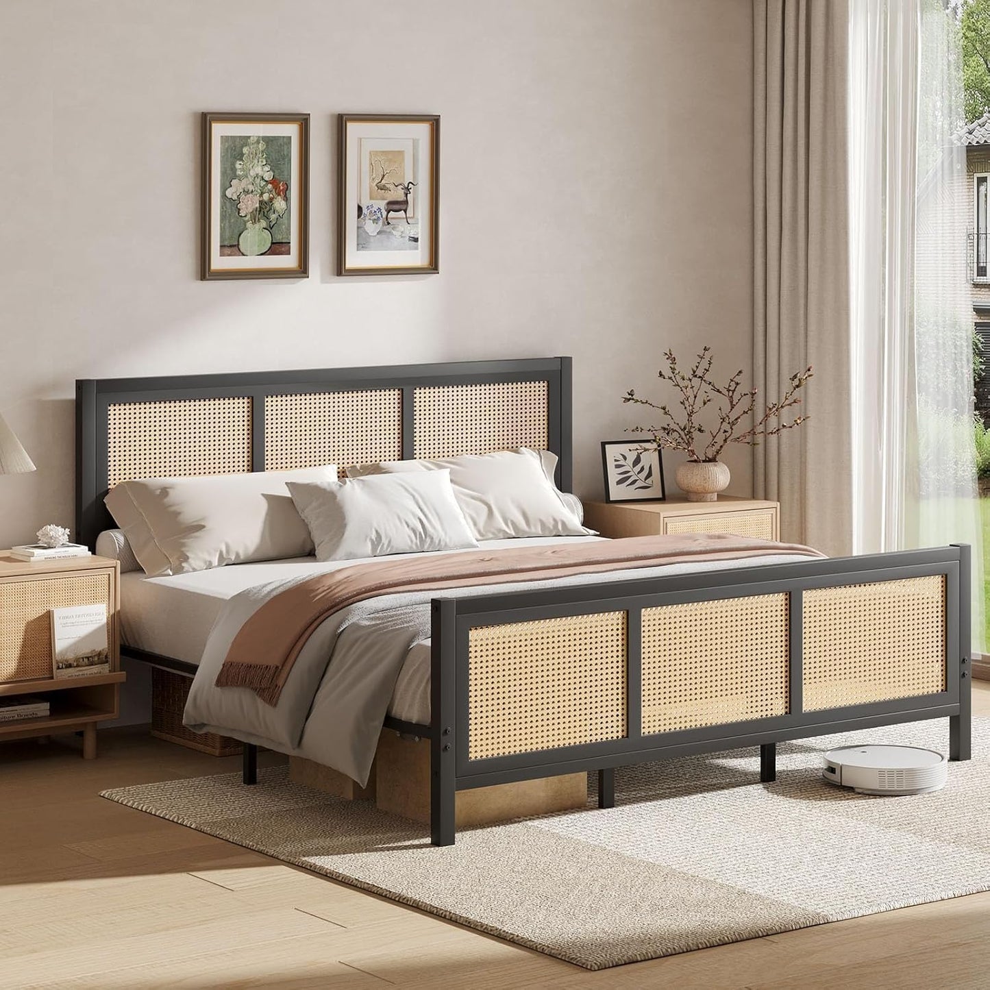 King Size Bed with Rattan Cane Panels | Strong Metal Frame Bed