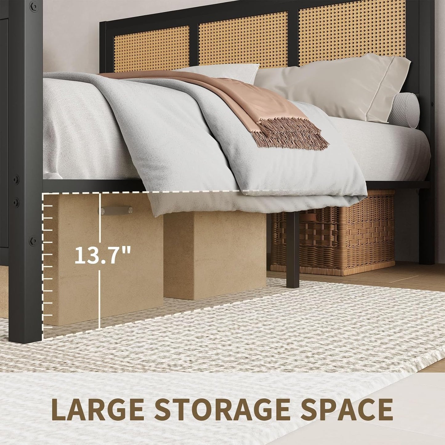 King Size Bed with Rattan Cane Panels | Strong Metal Frame Bed