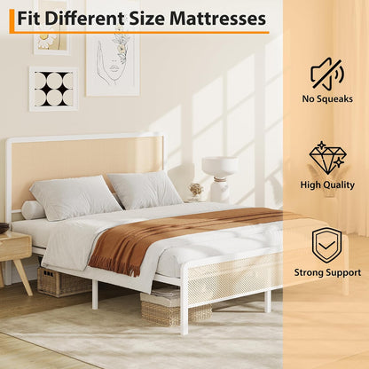 Modern Bed Frame with Rattan Design | White Metal Bed for Bedroom