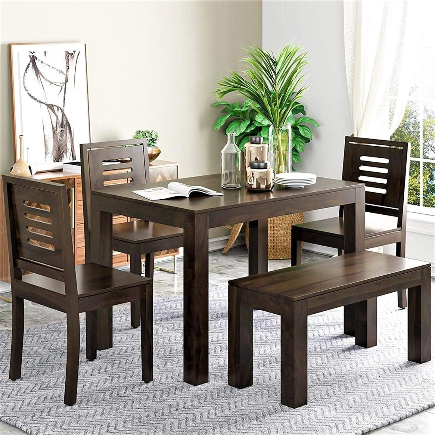 Solid Sheesham Wood 4 Seater Dining Table Set with Bench