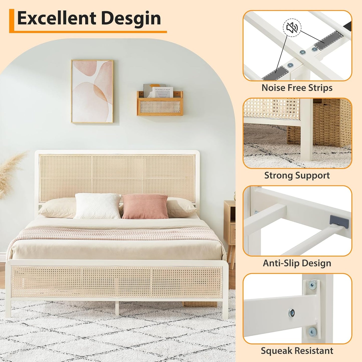 Modern Bed Frame with Rattan Design | White Metal Bed for Bedroom