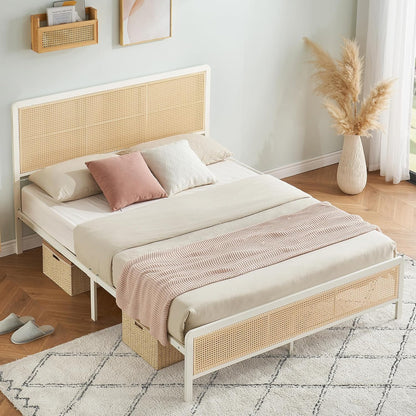 Modern Bed Frame with Rattan Design | White Metal Bed for Bedroom