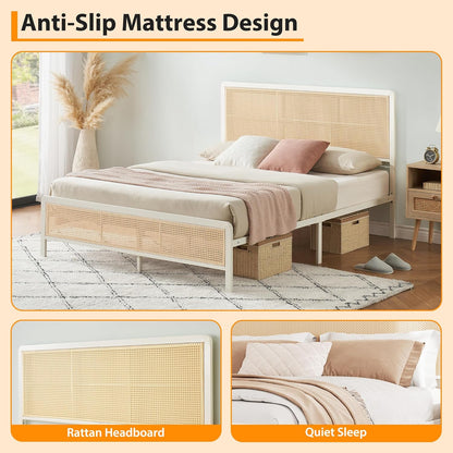 Modern Bed Frame with Rattan Design | White Metal Bed for Bedroom