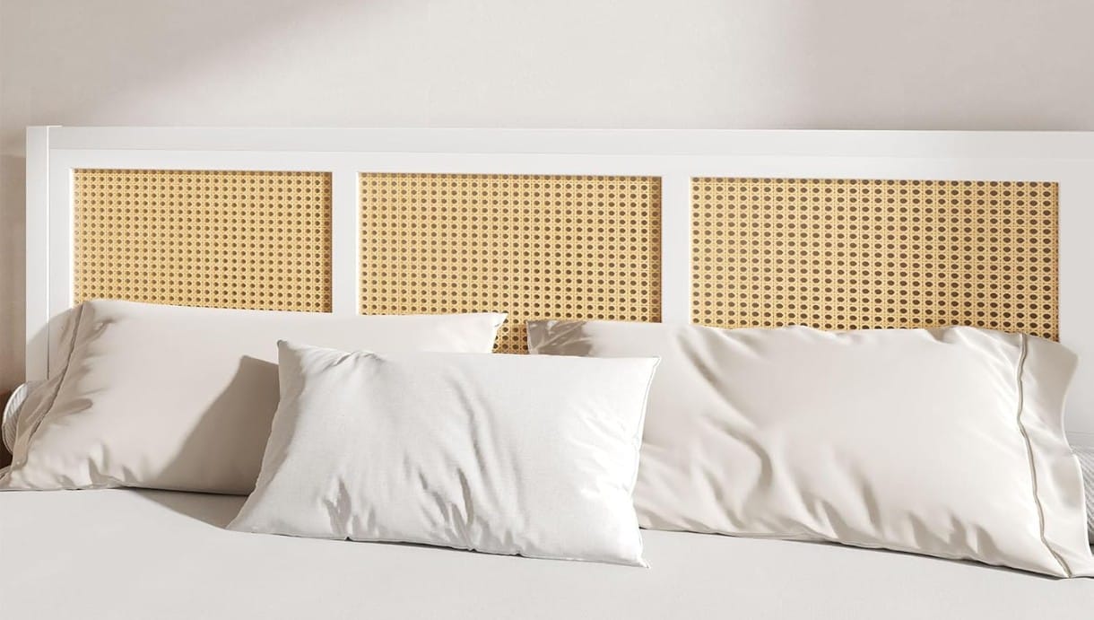 Queen Size White Wooden Bed with Cane Rattan Headboard & Footboard