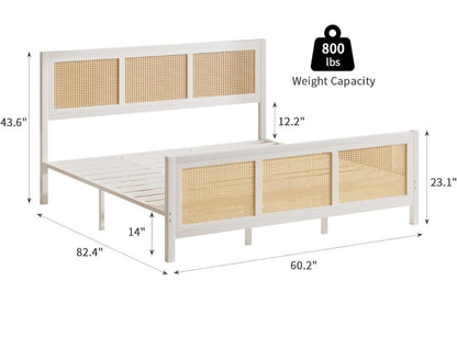 Queen Size White Wooden Bed with Cane Rattan Headboard & Footboard