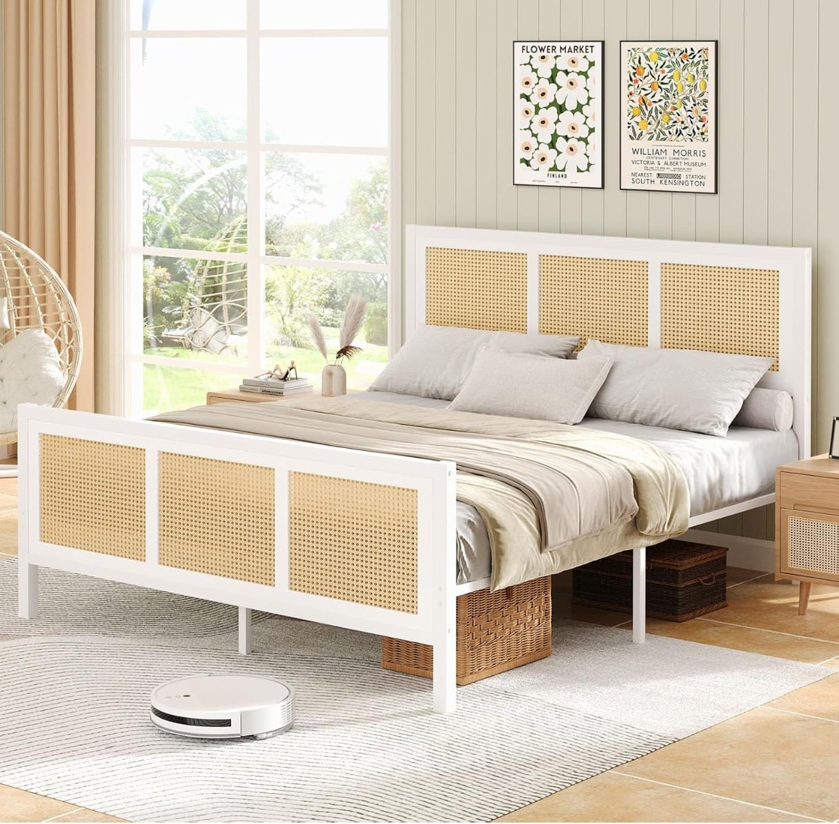 Queen Size White Wooden Bed with Cane Rattan Headboard & Footboard