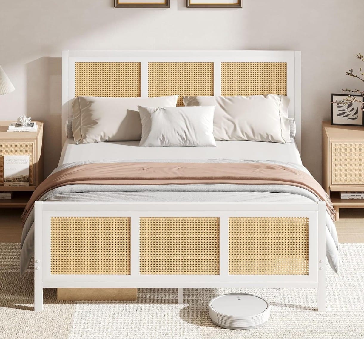 Queen Size White Wooden Bed with Cane Rattan Headboard & Footboard