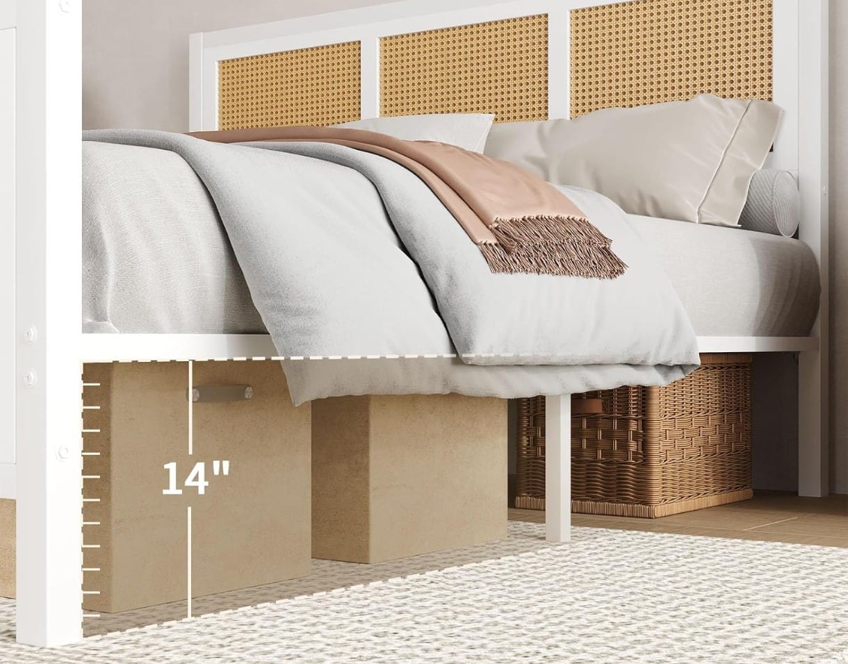 Queen Size White Wooden Bed with Cane Rattan Headboard & Footboard
