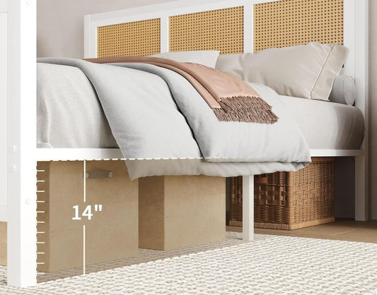 Queen Size White Wooden Bed with Cane Rattan Headboard & Footboard