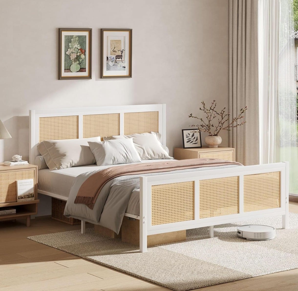 Queen Size White Wooden Bed with Cane Rattan Headboard & Footboard