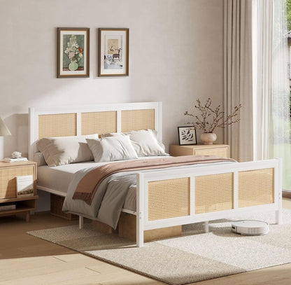 Queen Size White Wooden Bed with Cane Rattan Headboard & Footboard
