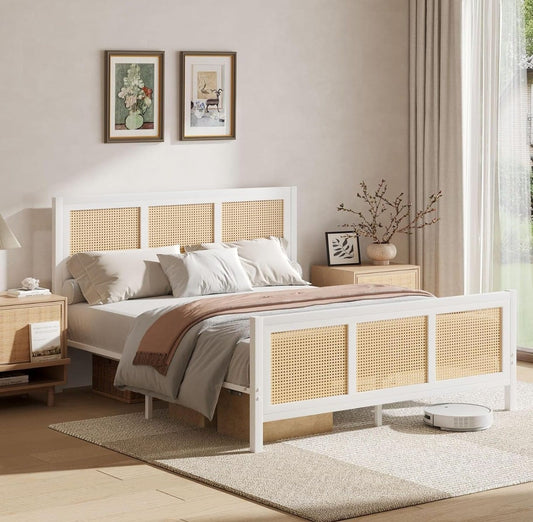 Queen Size White Wooden Bed with Cane Rattan Headboard & Footboard